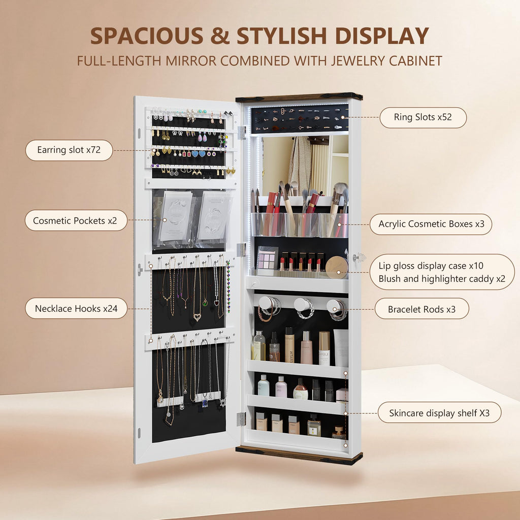 Jewelry Cabinet with Mirror, 12 Hollywood LED Bulbs, Lock, 43.5"