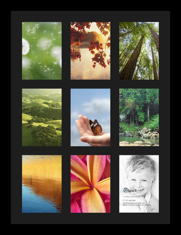 Collage Photo Frame Single Mat with 9-5x7 Openings with Satin Black Frame and Black mat.