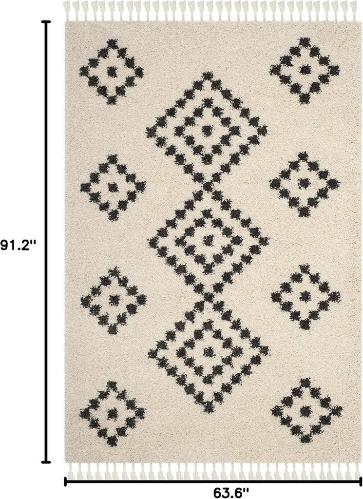 Moroccan Fringe Shag Collection Area Rug, Cream & Charcoal, Boho Tribal, Non-Shedding & Easy Care