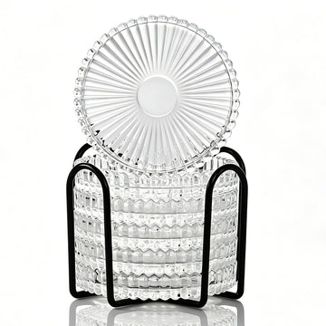 Modern Clear Coaster Set of 6- Glass Coasters for Drinks with Holder