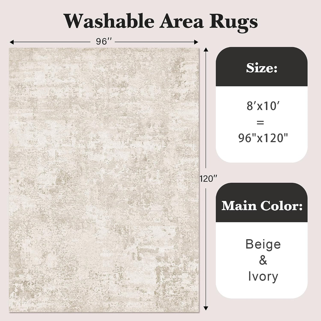 Washable Rugs 8x10, Beige Abstract Large Area Rugs