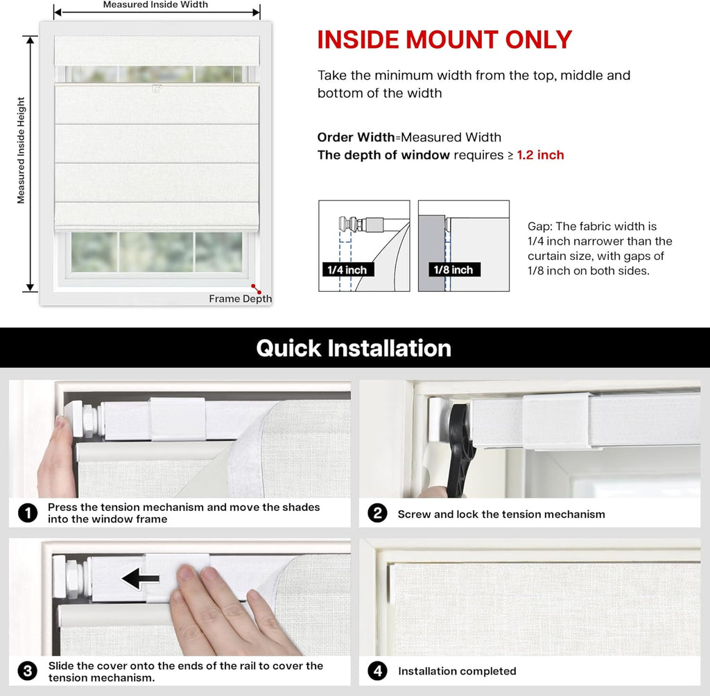 No Drill TDBU Roman Shades, Blackout - White, 34" W x 64" H | No Tools Top Down Bottom Up Cordless Fabric Blinds for