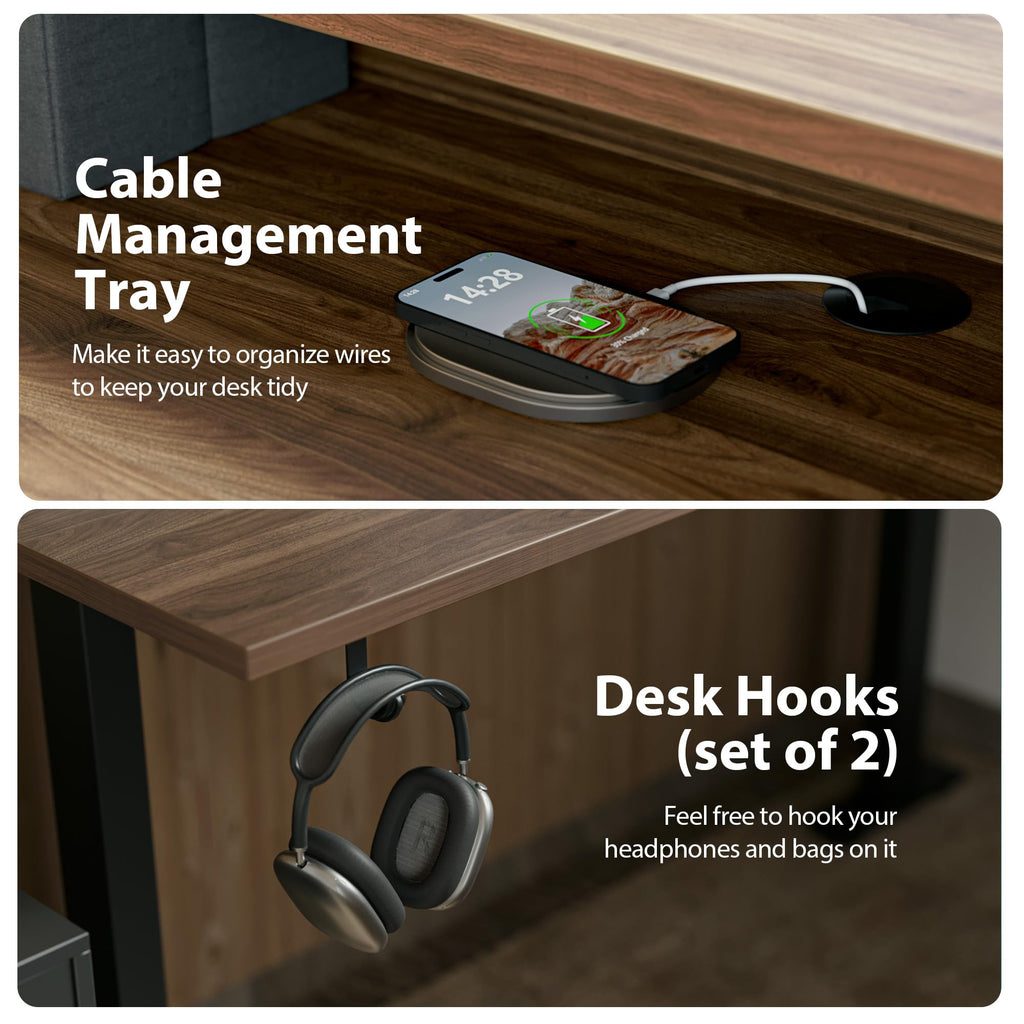 63 Inch L Shaped Electric Standing Desk with Drawer, Dark Walnut
