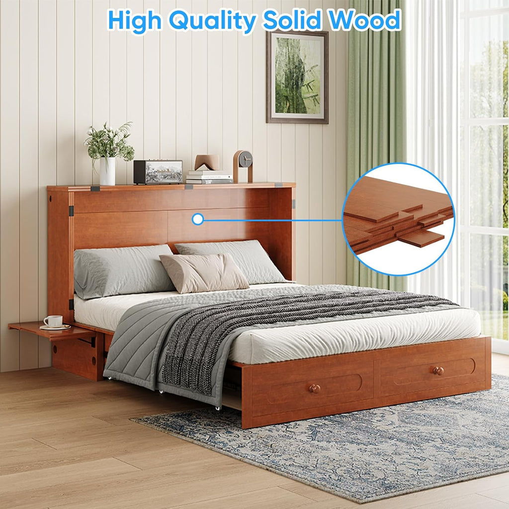 Queen Murphy Bed with Mattress Included, Folding Convertible Bed, Hideaway Cabinet Bed with Storage Drawer & USB