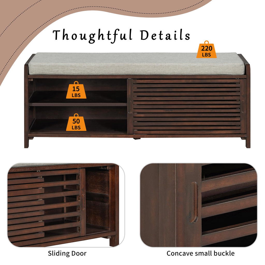 Shoe Bench with Storage and Cushion, Farmhouse Distressed Shutter Storage Bench with Retro Charm, Espresso