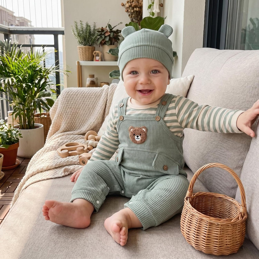 Baby Boy Clothes Infant 3pcs Outfit Set Long Sleeve Striped Romper Bear Embroidery Overall Suspender Pants Hat Sets