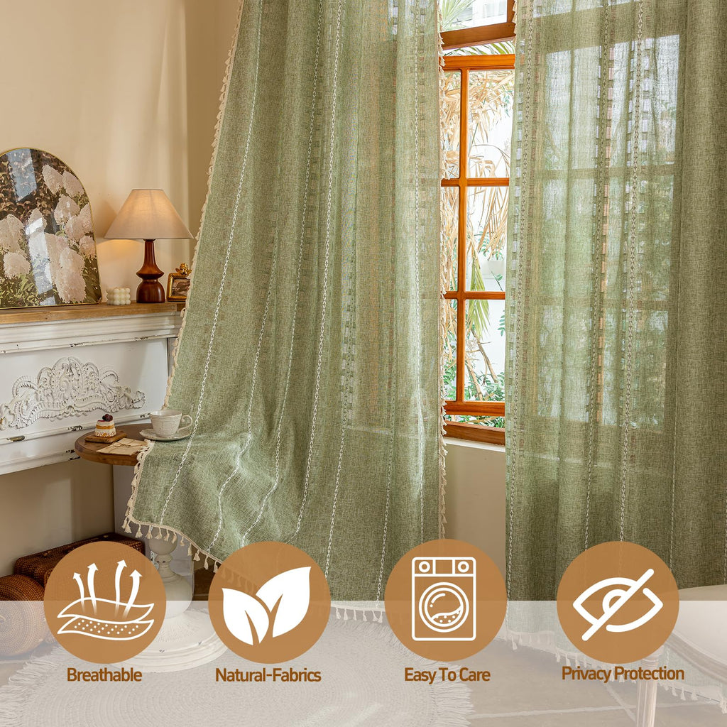 Boho Sheer Sage Green Curtains 84 inches Long 2 Panels Bedroom, Farmhouse, Bohemian Tassels Country Light Filtering