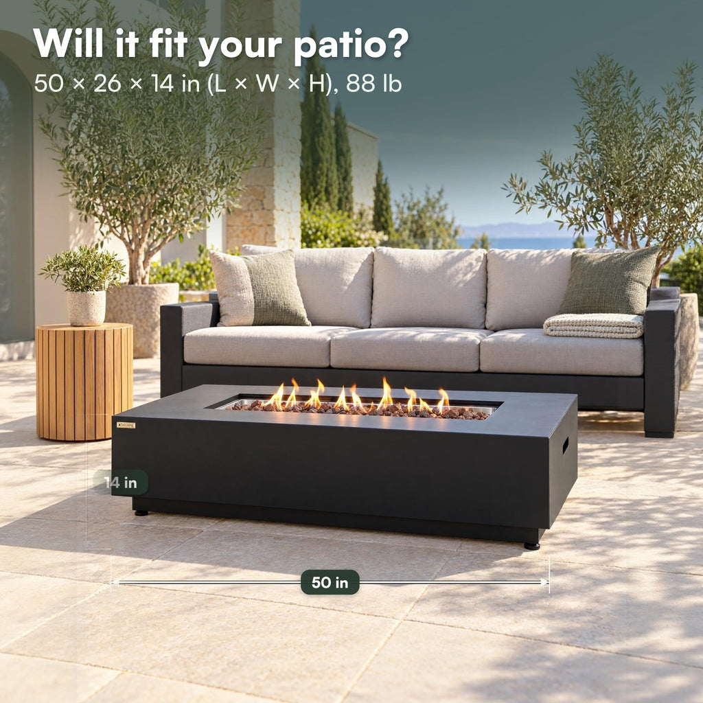 Westwood Fire Table Outdoor Fire Pit 50" x 26" Rectangular Propane Firepit Includes Lava Rocks 50, 000 BTUs Outdoor