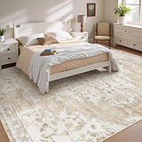 8x10 Washable Vintage Area Rug, Low Pile Non-Slip Neutral Carpet for Bedroom Dining Room Beige