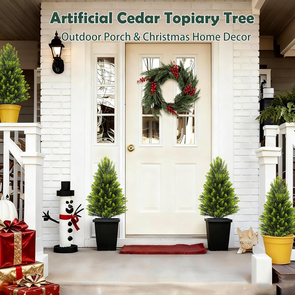 4Pack Artificial Cedar Topiary Trees Outdoor with Spike, 20" UV Resistant Fake Shrubs Bushes with Stake, Outdoor Faux