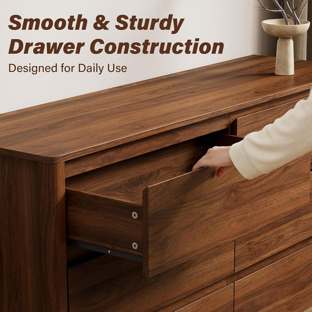 Walnut Mid-Century Modern 3 Piece Bedroom Furniture Set, 6 Drawer Dresser with Handleless Wood Grain Design and