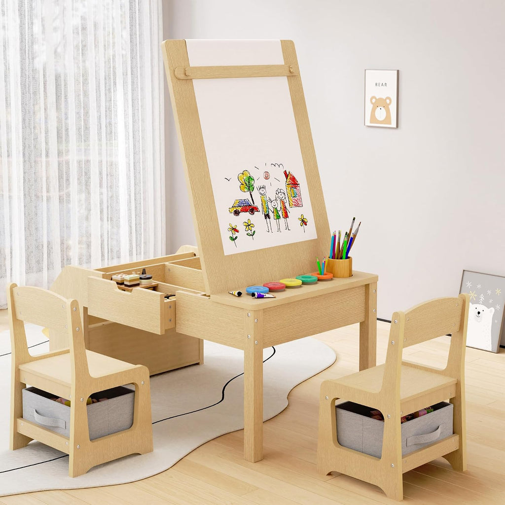 In-1 Kids Art Table and Chairs, Toddler Table and Chair Set, Craft Play Desk for Kids, Convertible Art Easel