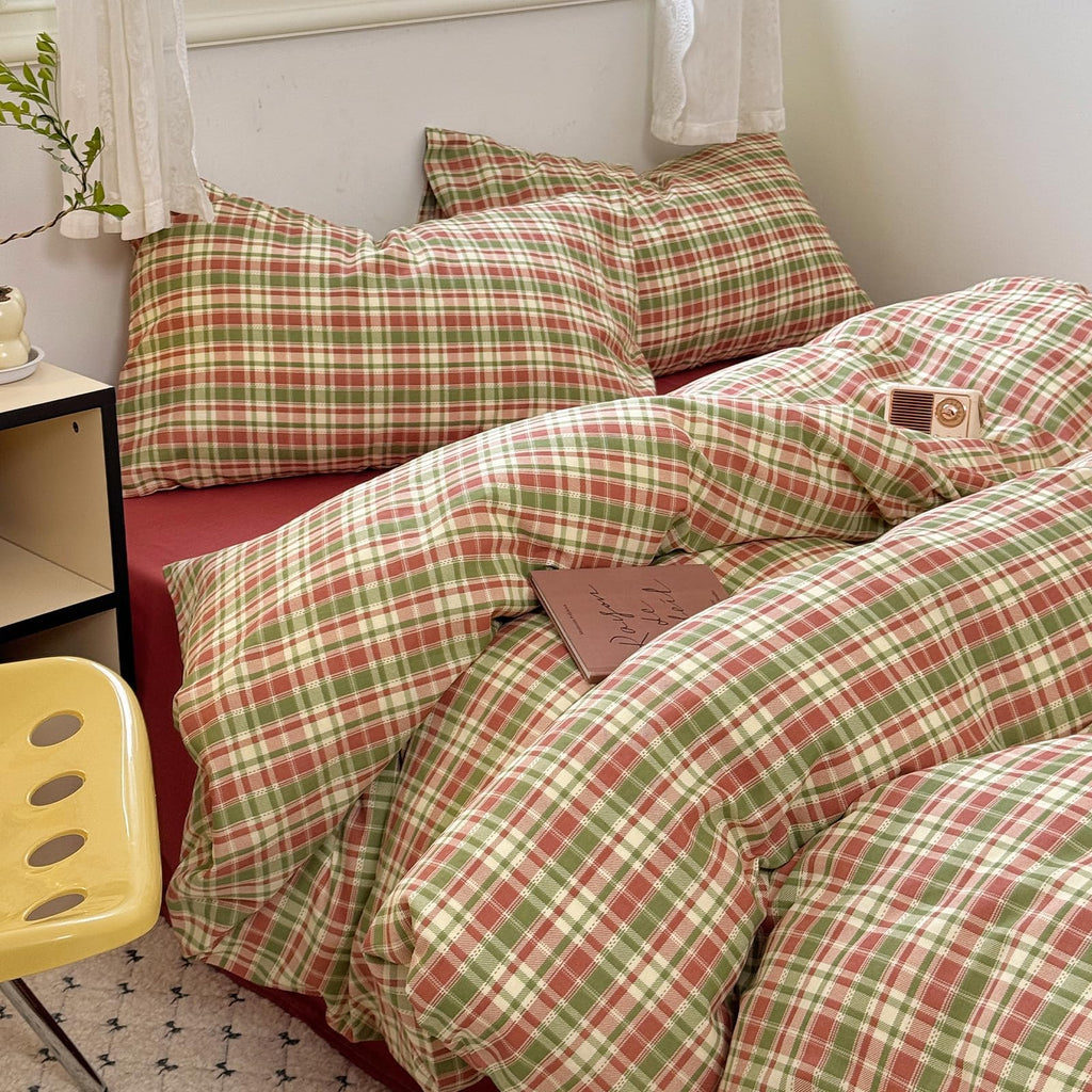 Red Green Plaid Duvet Cover -80"x90", Double Gauze Cotton