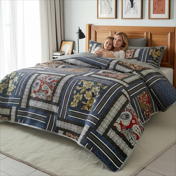 3-Piece Boho Floral Patchwork Quilt Set Geometric Stripes Navy Blue Bedspread with 2 Pillow Shams Soft