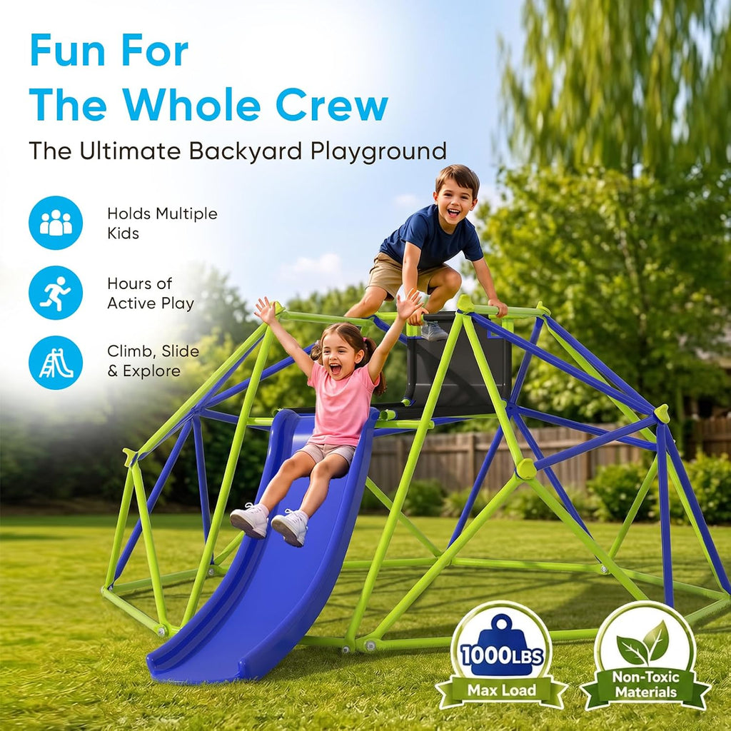 8FT Climbing Dome with Slide, Outdoor for Ages 3-10 | Stable Dome Climber Supports 600LBS, Rust-Resistant Jungle Gym