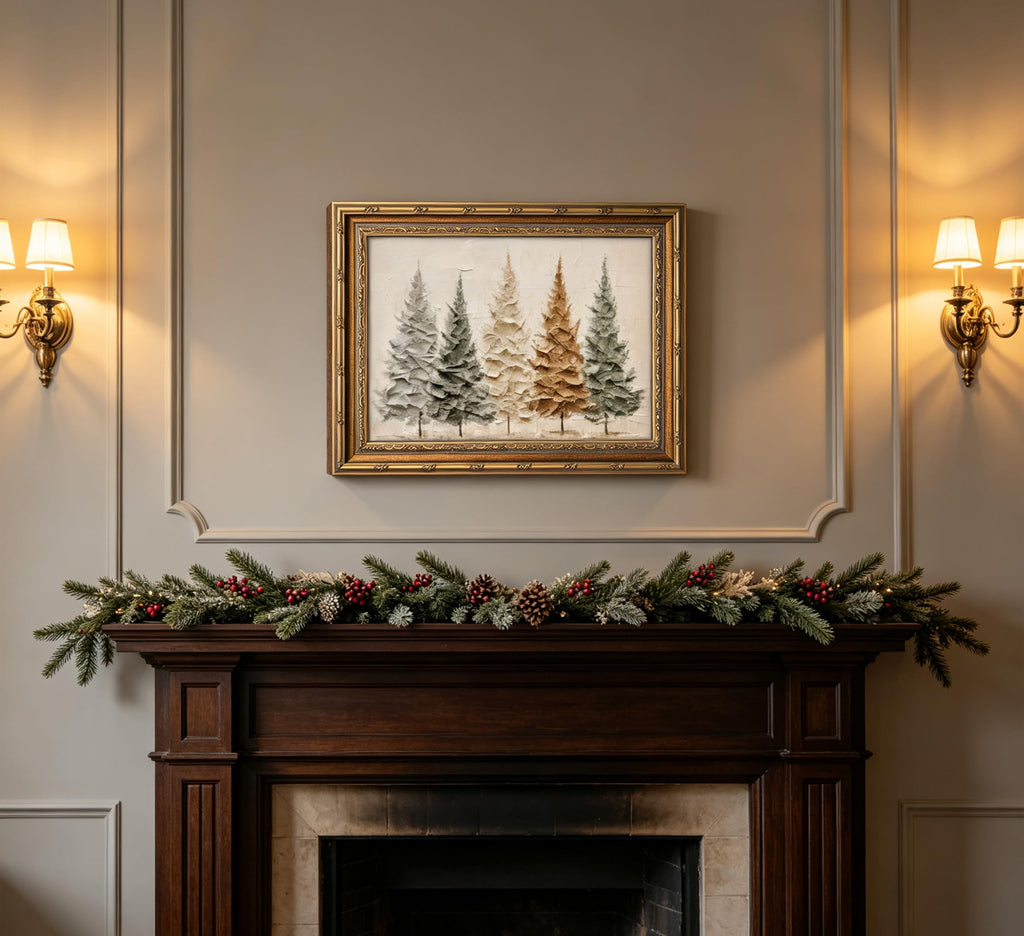 Vintage Gold Framed Christmas Tree Wall Art, 3D Textured Pine Tree Print
