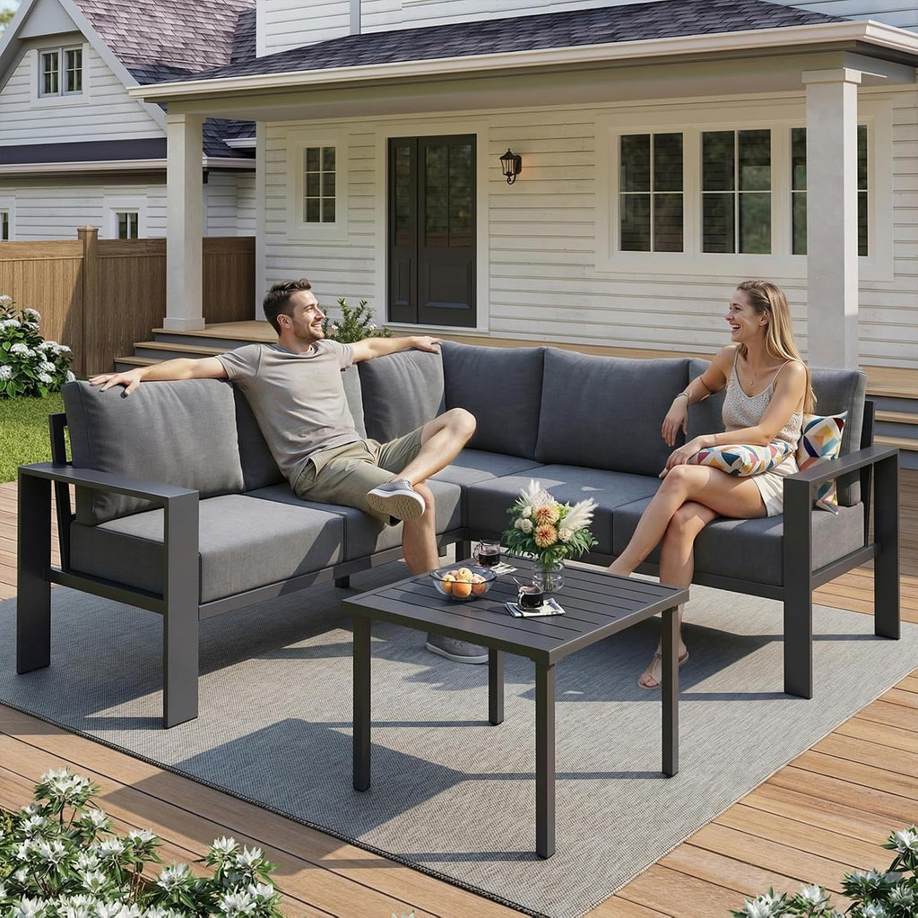 6-Piece L Shaped Outdoor Sectional Sofa, 6" Thick Cushion | Olefin Fabric Fade Resistant, Wide Armrest & Coffee