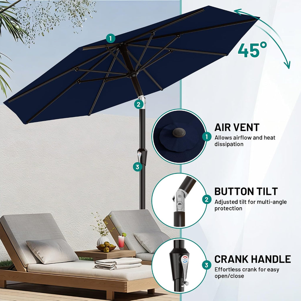 9 FT Patio Umbrella Umbrella with Push Button Tilt and Crank, Outdoor Patio Umbrellas with 8 Sturdy Ribs Pool (Navy)