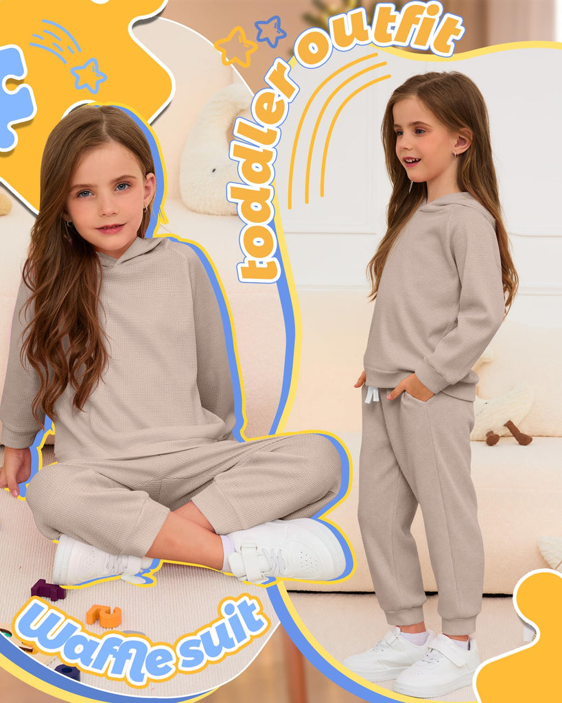 Toddler Girl Waffle Sweatsuit Fall Outfit 2 Pcs Set Mocha