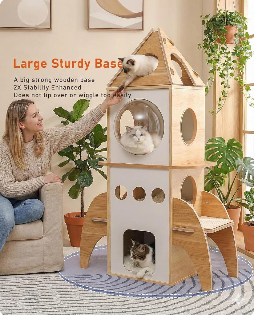 Modern Cat Tree Rocket Shape, 54" Wood Cat Tower Multilevel for Indoor Cats, Cat Furniture with 3 Condos, Dangling