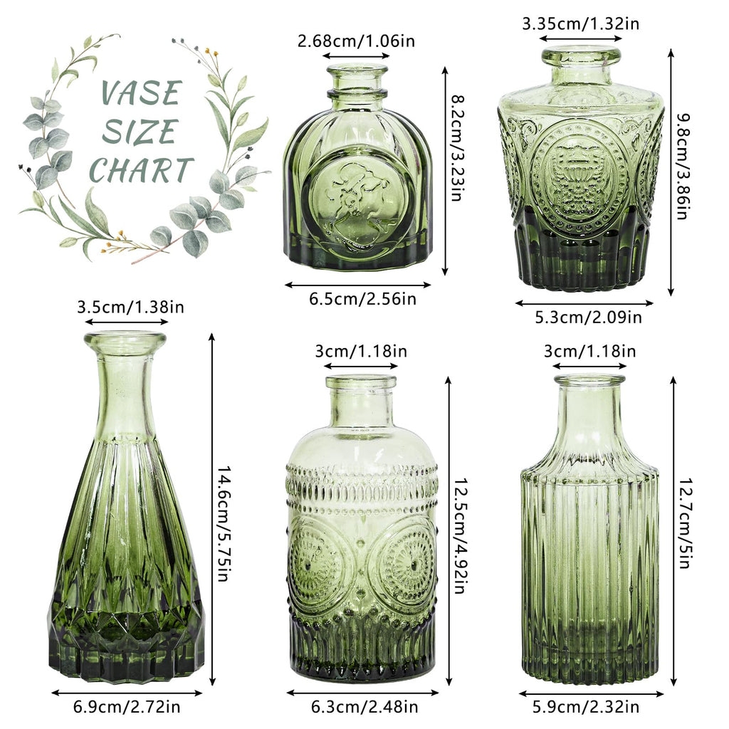Glass Bud Vase Set of 5, Small Green Flower Vases for Centerpieces