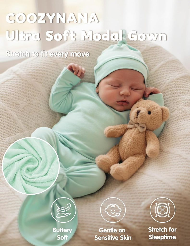 Newborn Knotted Gown 2Pack, Soft Breathable Baby Sleep Gown for Boys Girls, Infant Baby Coming Home Hospital Outfit