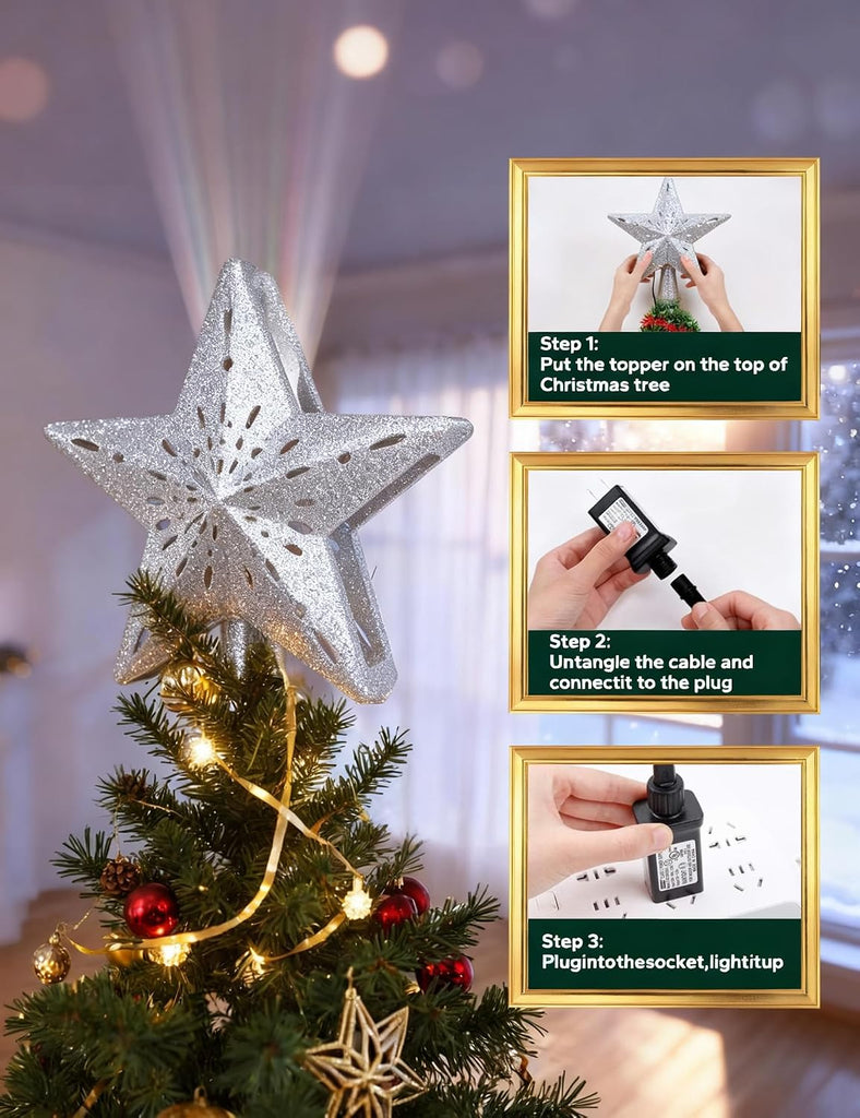 Christmas Tree Topper Lighted Star [Silver],3D Hollow Sparkling Star Christmas Tree Topper with Rotating Magic Cool