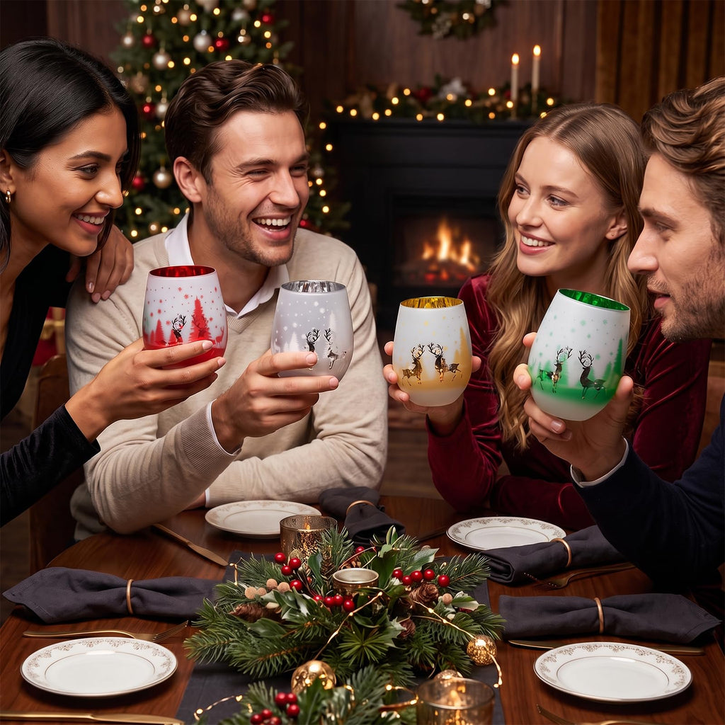14 oz Christmas Stemless Holiday Wine Glasses with Frosted Winter Scene, Festive Glass Drinkware Cups for Xmas Party