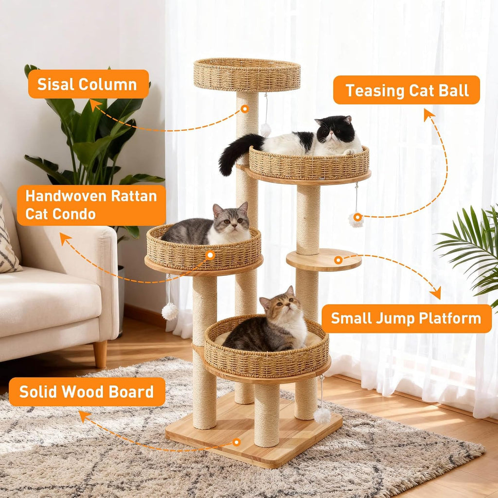 54in Solid Wood Cat Tree for Indoor Cats, Modern Tall Cat Tower