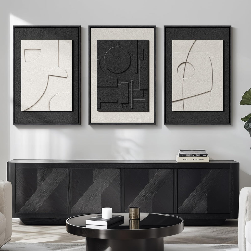 Large Framed Black and White Modern 3D Abstract Wall Art