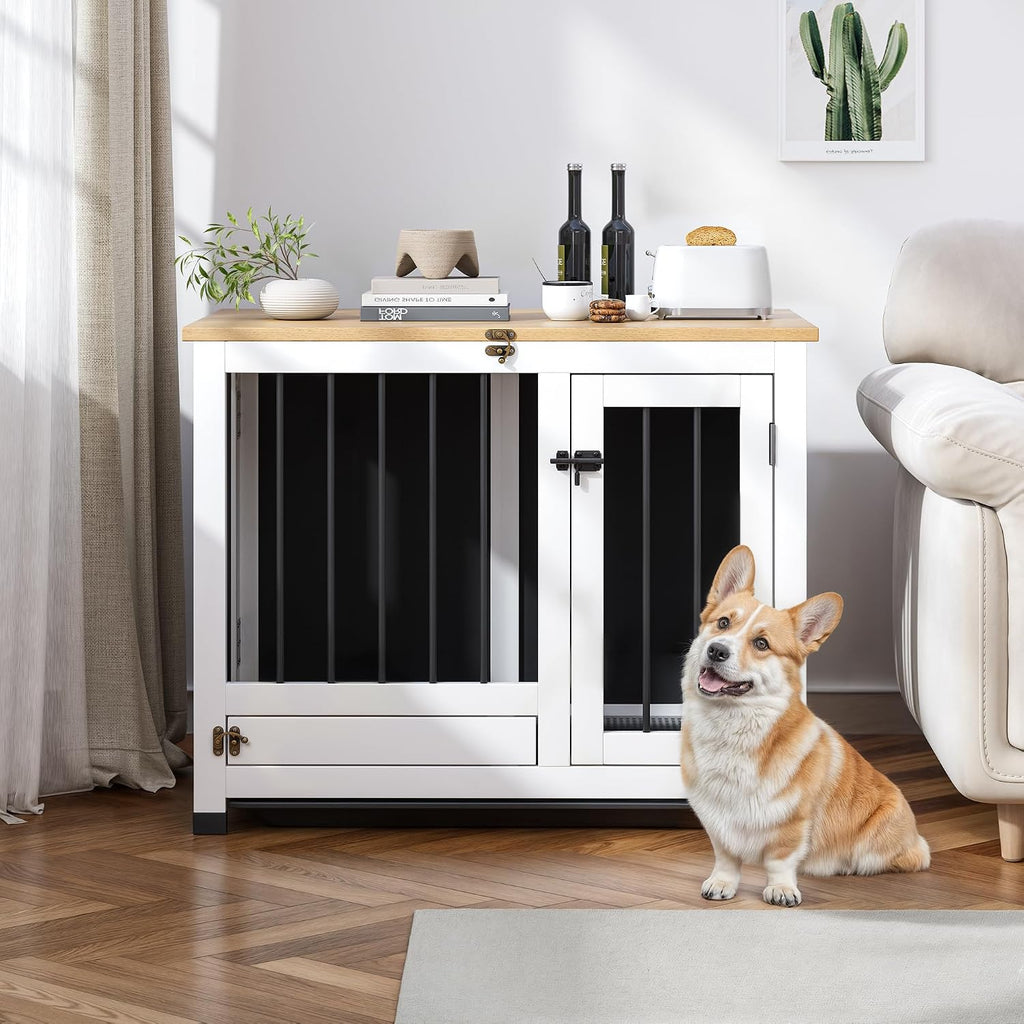 31.5" Dog Crate Furniture with Detachable Tray & 360° Rotating Feeder