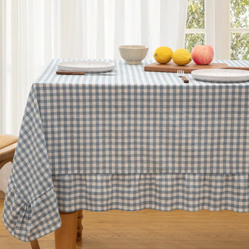 Dusty Blue Gingham Tablecloth 52 x 70 Inch, Cotton Plaid Tablecloth