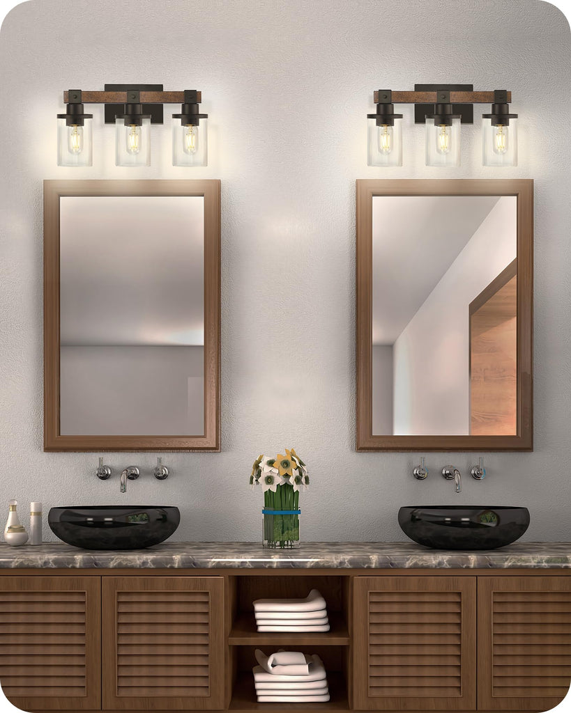 3-Light Bathroom Light Fixture, Farmhouse Vanity Lights with Glass Shade, Rustic Bathroom Light Fixtures, E26 Base