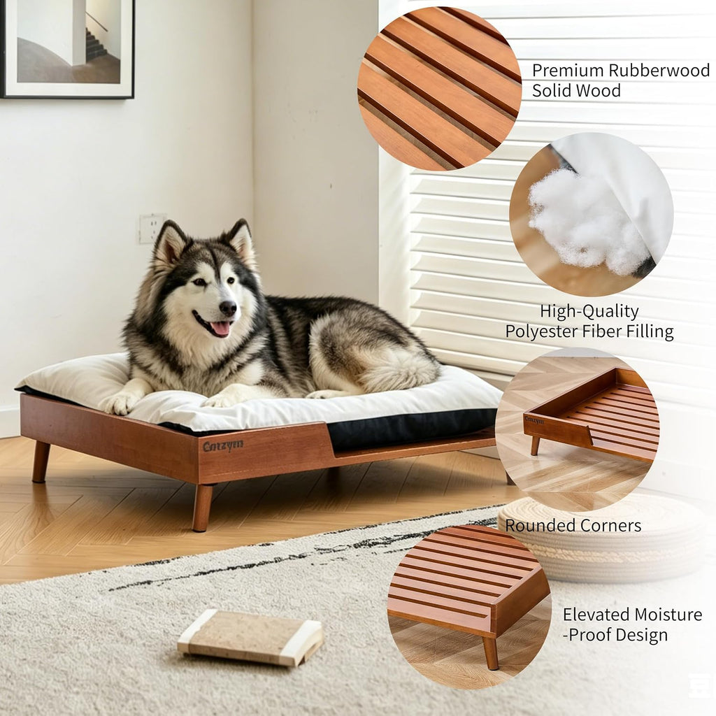 Elevated Dog Bed, Solid Wood Raised Pet Bed Frame with Cushion, Large