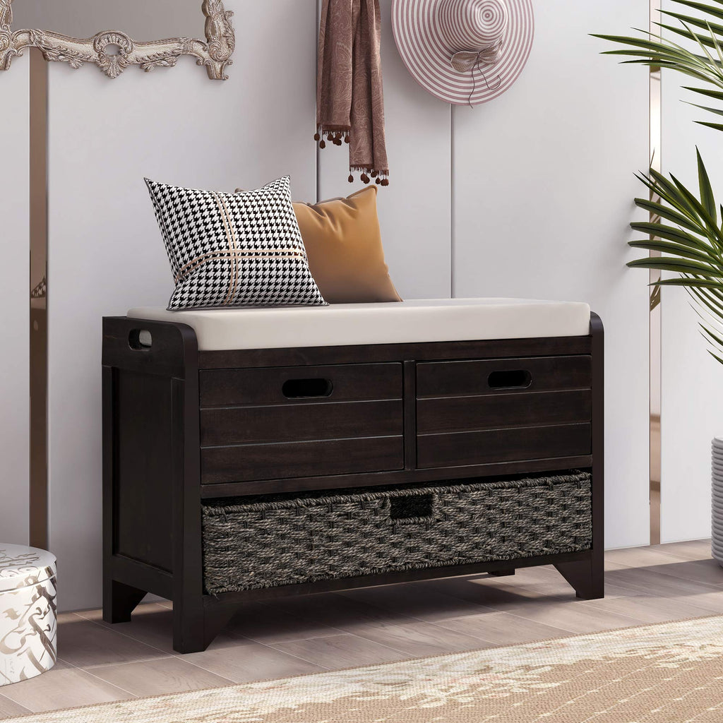 Farmhouse Wood Shoe Bench with Storage and Seat Cushion Hallway Front Door Espresso