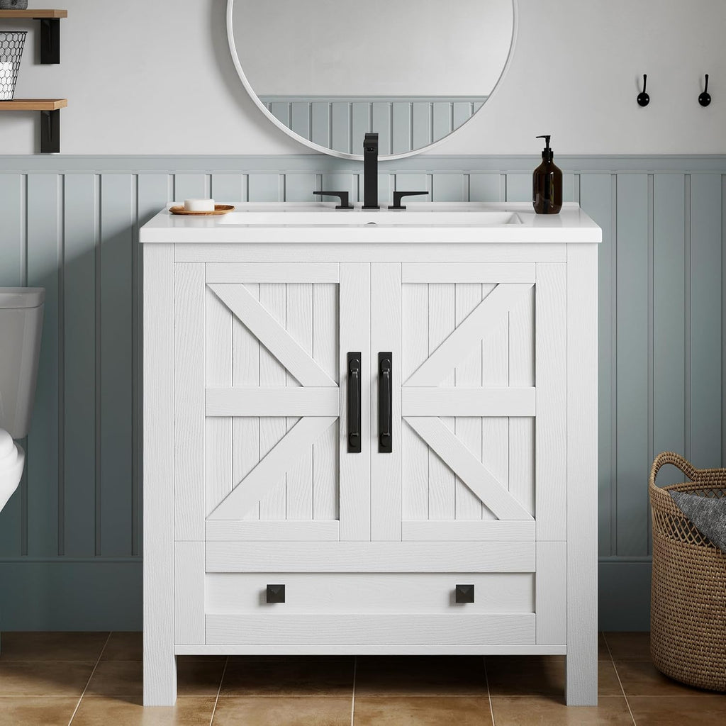 30" Farmhouse Bathroom Vanity with Sink Combo, Small Space Bathroom Storage Cabinet with Large Drawer, 2 Soft-Closing Wood Barn Doors with Built-in Shelves, White A133-B0F9F5QBWQ