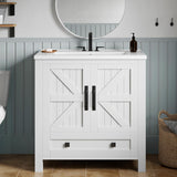 30" Farmhouse Bathroom Vanity with Sink Combo, Small Space Bathroom Storage Cabinet with Large Drawer, 2 Soft-Closing Wood Barn Doors with Built-in Shelves, White A133-B0F9F5QBWQ