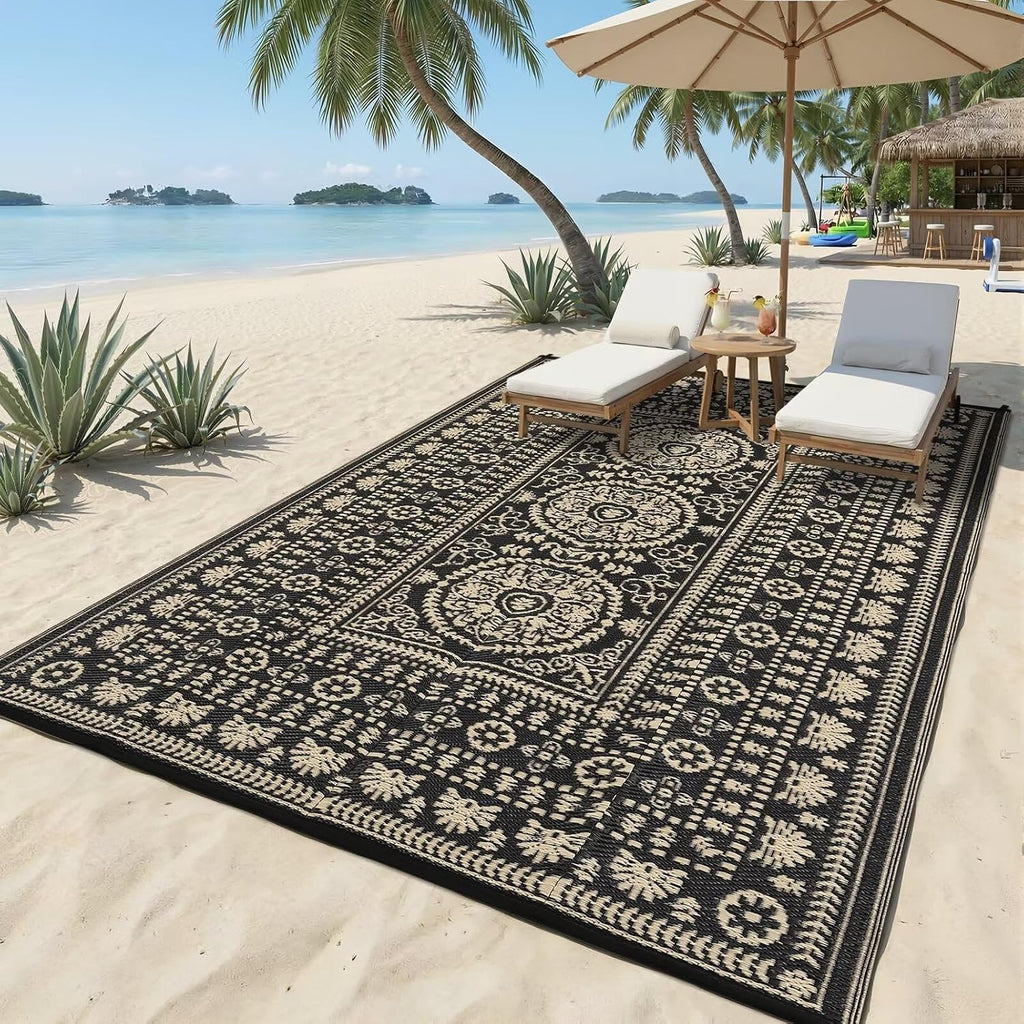 Reversible Outdoor Rug 6x9, Waterproof Outdoor Area Rug, Modern Medallion Indoor Outdoor Rugs, Plastic Straw Rug for