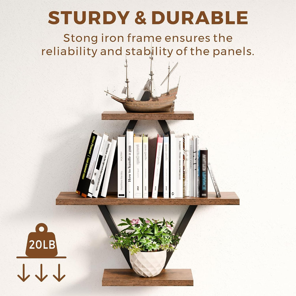 Floating Wall Shelves, Set of 2, Rustic Brown | 3-Tier Hanging, Wall Mounted, Sturdy & Durable