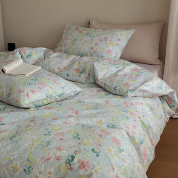 French Style Floral Duvet Cover, 100% Cotton Soft Pink White Floral Chic Cottagecore Blue Bedding Set