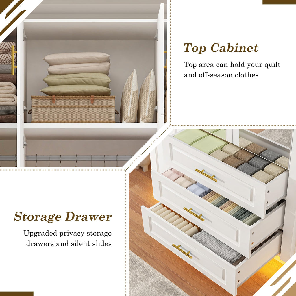 Large Armoire Wardrobe Closet Cabinet with Drawers and LED Lights, Multi-Tier Shelves, Hanging Rod, Large Capacity