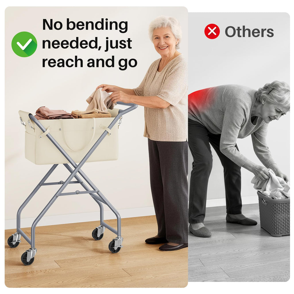 No-Bend Laundry Cart Rolling Hamper with Locking Wheels & Handle, Foldable Basket Screw-Free Assembly, Durable Metal