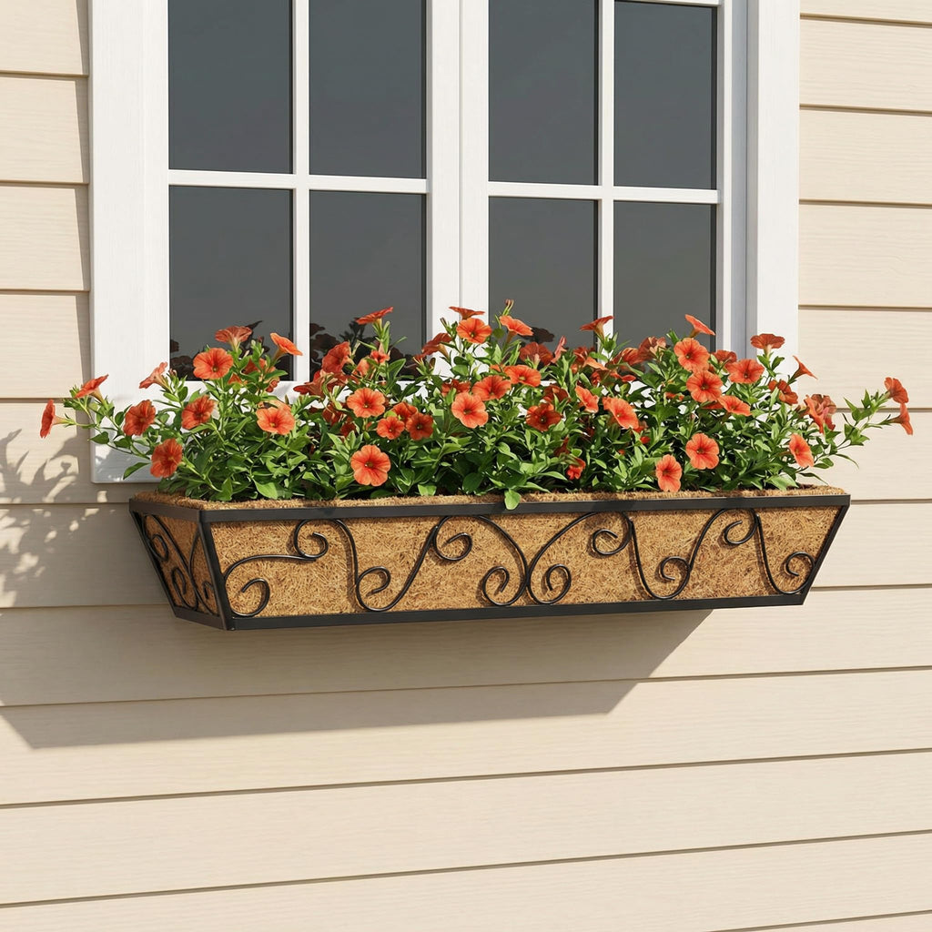 30x7 Inch Black Outdoor Rectangular Window Box Planter - Rust Resistant Steel, Plastic Coated - Perfect for Railings