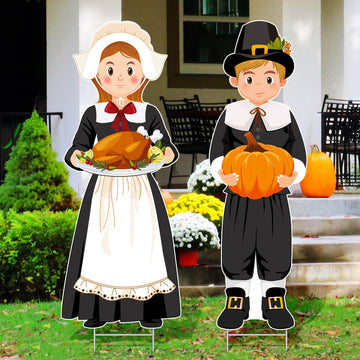 2 Pcs Large Thanksgiving Pilgrim Yard Sign Decor, 33 x 12.6in