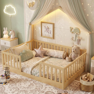 Montessori House Floor Bed with High Rails and LED Light, Natural
