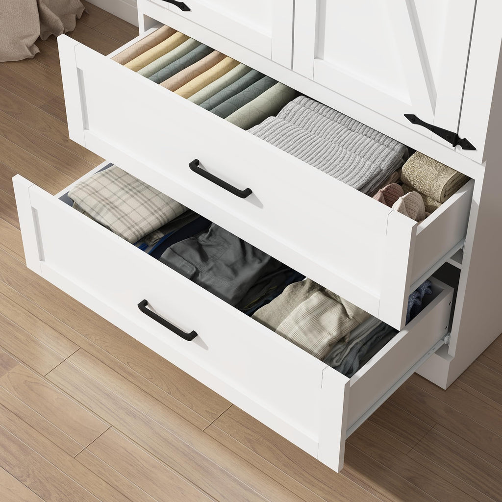 2 Doors Wardrobe Armoire Closet with Doors and Drawers, Farmhouse Wooden Armoire Storage Cabinet with Shelves &