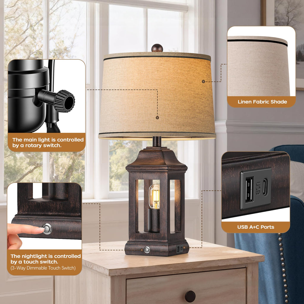 24" Rustic Farmhouse Table Lamps, Single Pack Touch Dimmable Nightlight Vintage Bedside Lamps with USB A+C Ports &