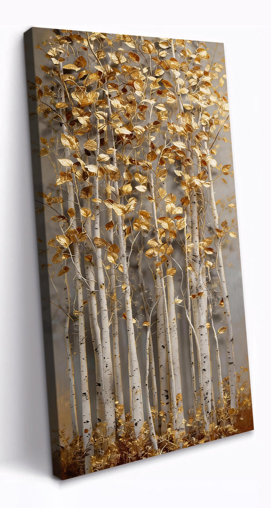 Birch Tree Canvas Wall Art, Gold-Tone 3D Visual Effect Forest Artwork, Flat-Printed Gallery Wrapped Canvas, Vertical