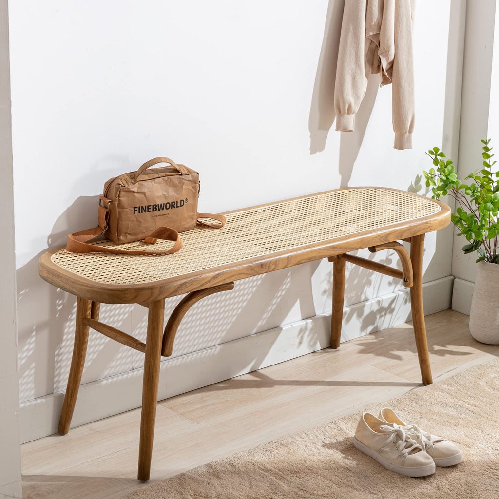 Farmhouse Wood Bench Seat Small Rattan Cane Bench Wicker Bench for End of Bed Living Room Entryway Foyer Indoor, Hand