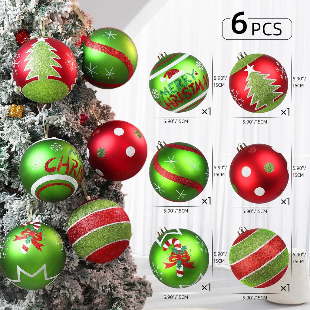 6Pcs 6" Extra Large Outdoor Christmas Ornaments, Xmas Tree Elf Swirl Ball Decoration, Big Red Green Christmas